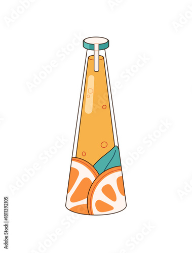 Bottle of sparkling lemonade. Glass package of fresh squeezed lemon or orange juice. Container of soft drink, carbonated refreshing beverage. Flat isolated vector illustration on white background
