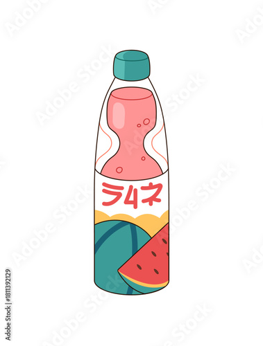 Glass bottle of ramune with watermelon flavor. Package of Japanese carbonated soft drink. Container of refreshing Asian soda, sparkling beverage. Flat isolated vector illustration on white background