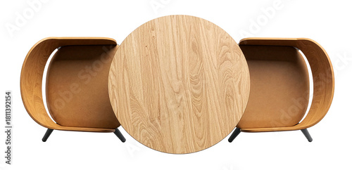 top view of wooden round table with two chairs for restaurant or cafe isolated on white