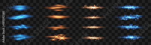 Blue and orange neon streaks flash vividly across a black background. Sparkling particles scatter along glowing motion trails. Perfect for cyberpunk or futuristic art.