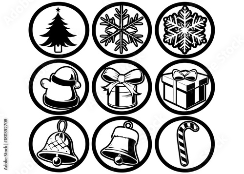 Christmas Winter Holiday Icon Set Tree Snowflake Gift Bells Black and White Vector