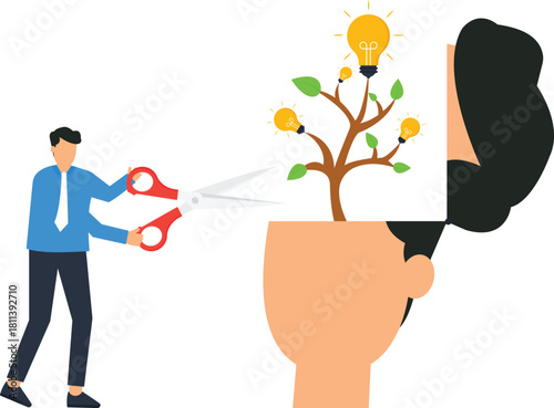 Businessman Cutting Idea Tree Sabotaging Creativity Negative Mindset Limiting Beliefs Destroying Innovation Corporate Sabotage Intellectual Theft Censorship Concept