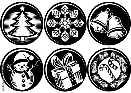 Christmas Winter Holiday Icons Tree Snowman Gift Bells Black and White Vector