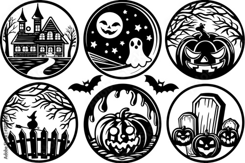 Halloween Spooky Set Pumpkin Ghost House Graveyard Black and White Vector