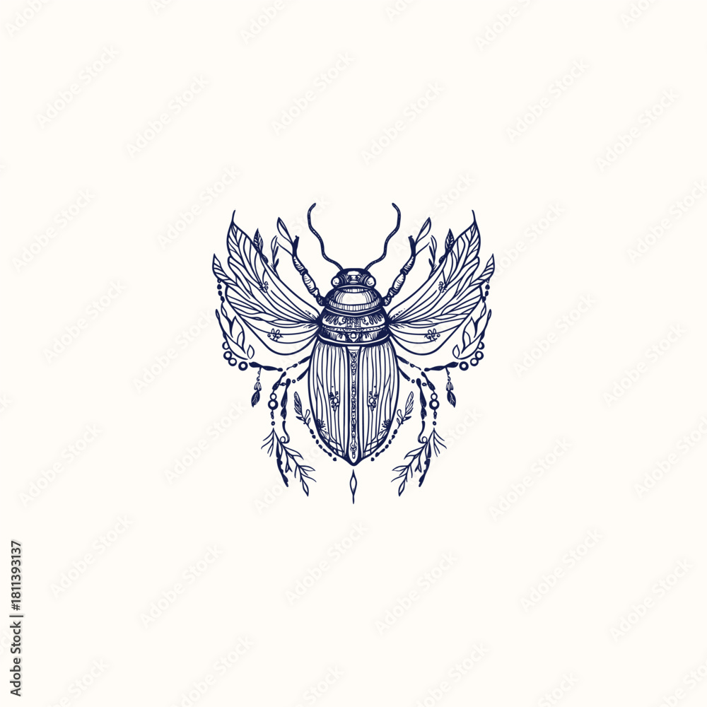 Obraz premium Mystical vector illustration of a detailed beetle or sacred insect with wings spread, surrounded by botanical elements, leaves, and celestial sparks