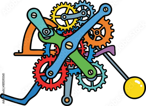 Complex Clockwork Mechanism With Colorful Gears Levers And Pendulum On White Background