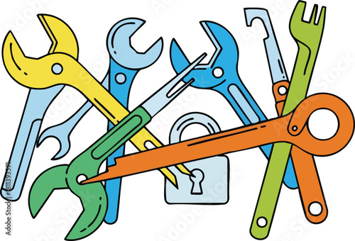 Colorful Assortment of Wrenches and a Padlock on a White Background