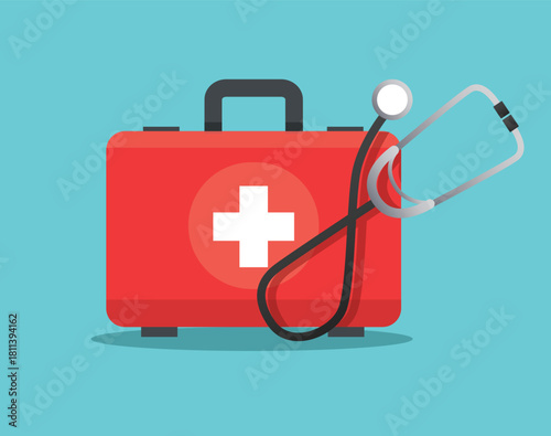 Healthcare First Aid Equipment with Stethoscope vector illustration	
