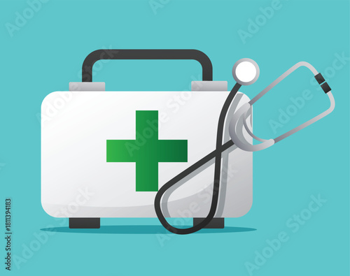 Healthcare First Aid Equipment with Stethoscope vector illustration	
