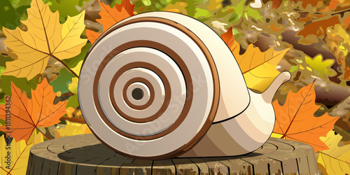 A light-colored, spiral snail shell rests on an old wooden tree stump with a deep, radial texture, surrounded by blurred autumn leaves. This close-up symbolizes the natural cycle and the delicate.