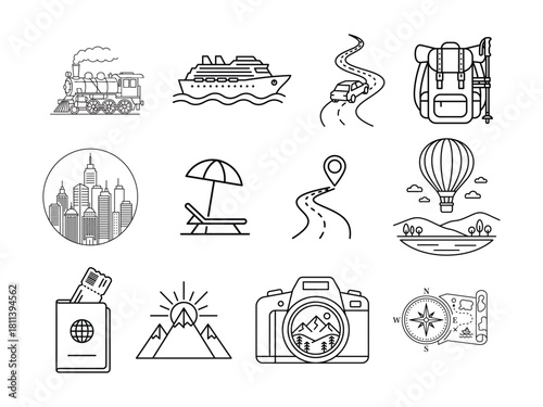 Travel and tourism line art icon set vector illustration