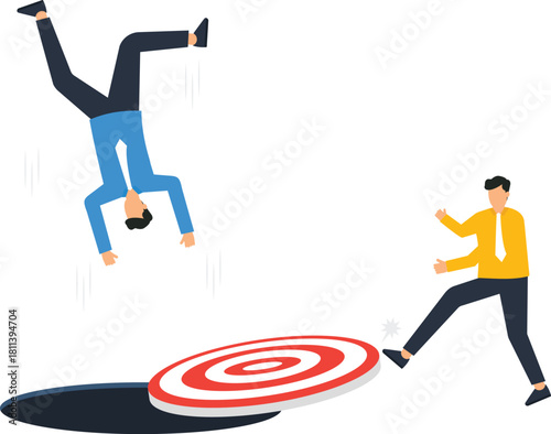 Businessman with large pencil analyzing workflow diagram for business strategy. Problem solving, decision making, and project management concept.