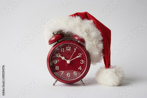 A small red alarm clock with a Santa hat.