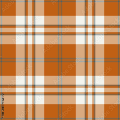 1960s background fabric check, installing tartan pattern seamless. Crossed textile vector texture plaid in orange and grey colors.