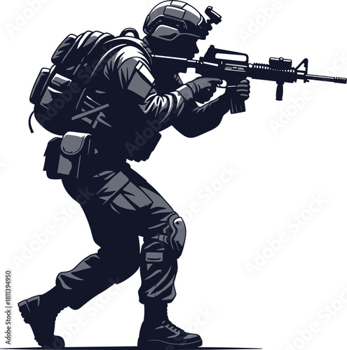 Monochrome Tactical Soldier with Rifle in Action Stance Vector