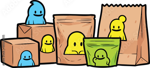 Collection of cute cartoon blobs in packaging against a white background