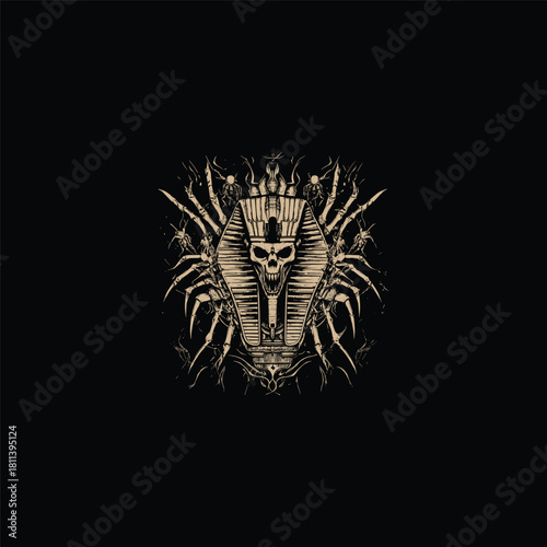 Macabre dark illustration featuring a monstrous hybrid design: a screaming skull wearing a Pharaoh's crown emerging from an Egyptian sarcophagus, framed by aggressive spider legs