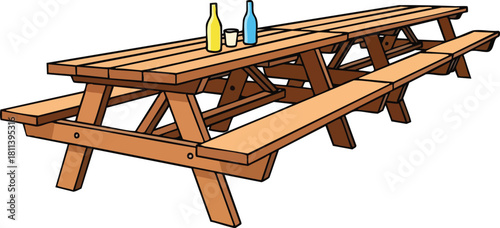 Wooden Picnic Table with Bottles and Cups on White Background