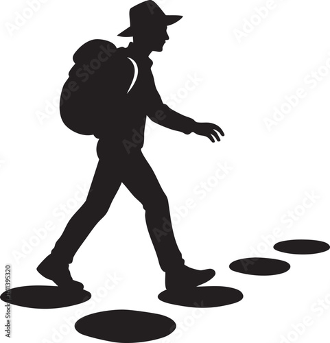 Traveler walking on floating stones silhouette vector
