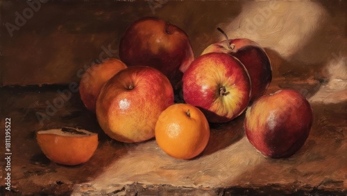 A still-life painting showcases ripe apples and a tangerine, with nuanced light and shadow