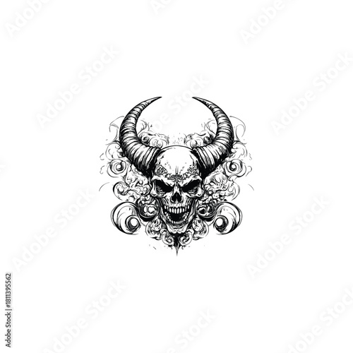 Aggressive dark illustration of a demonic skull with large, curved horns, surrounded by swirling decorative smoke or gothic elements