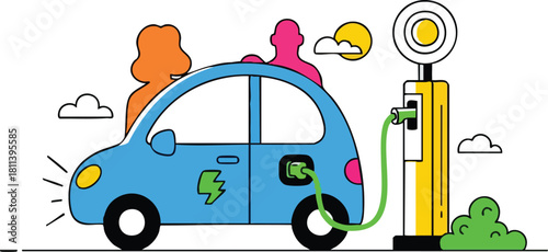 Blue Electric Car Charging With People Standing Beside A Yellow Charging Station And Green Bushes