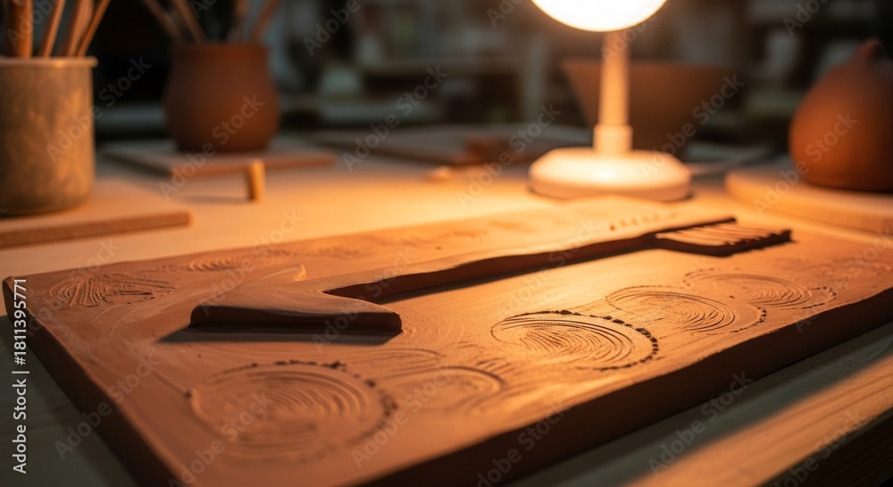 Obraz premium Clay Sculpture Arrow Illuminated on Table Ready For Crafting and Artistic Creation
