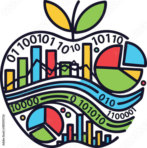 Stylized Apple Incorporating Digital Data Charts Graphs and Binary Code Elements
