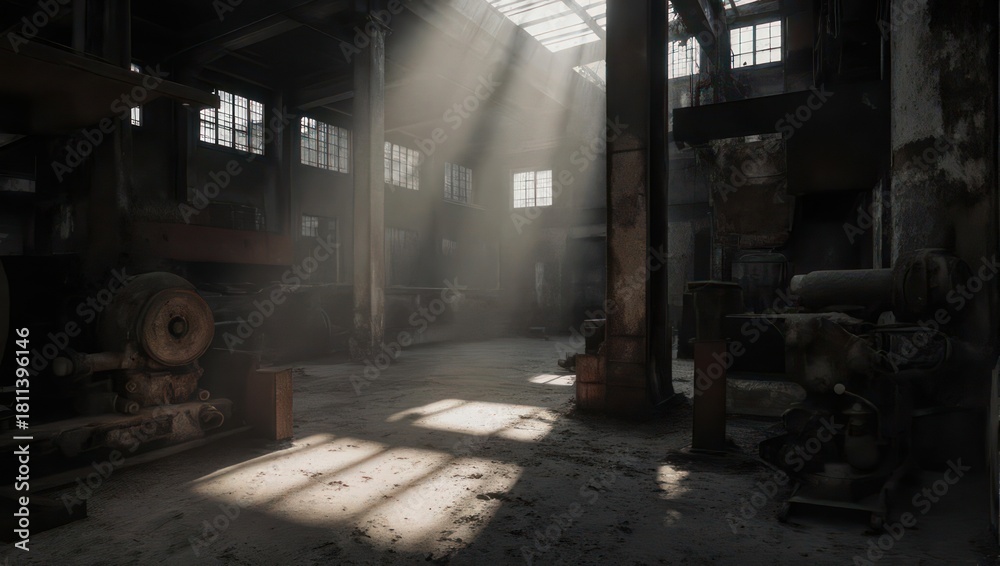 Fototapeta premium Sunlit interior of an abandoned industrial building with exposed structure