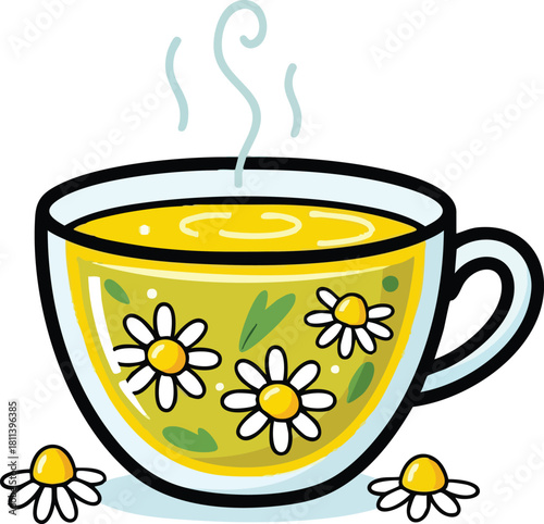 Steaming Cup Of Chamomile Tea With Flowers And Leaves In A Clear Glass Cup And Saucer With A White Background