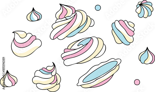 Sweet Meringue Swirls In Pastel Colors Soft Yellow Pink Blue White On White Background