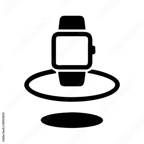 Illustration of a smart watch with a square face and a circular base in solid black color design