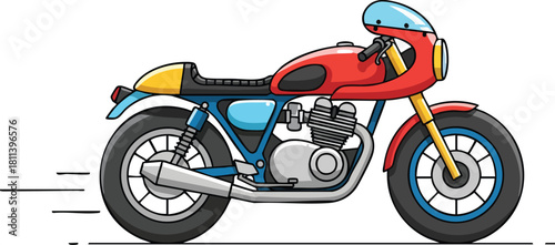 Red Blue Yellow Cafe Racer Motorcycle in Motion Pixel Art Style