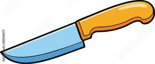 A light blue blade kitchen knife with an orange handle on a white background