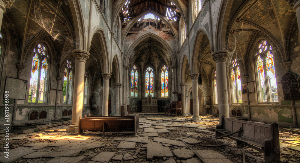 Fototapeta premium Dilapidated Interior of a Majestic, Abandoned Church with a Collapsed Roof and Light Filtering Through Stained Glass