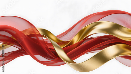 Abstract ribbon waves in red and gold, flowing motion on white background, holiday elegance.