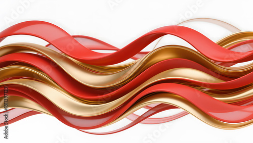 Abstract ribbon waves in red and gold, flowing motion on white background, holiday elegance.
