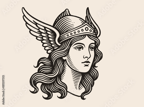 Winged warrior goddess profile engraving style vector illustration