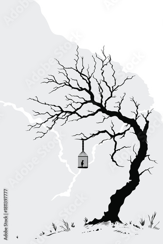 A surreal illustration of a lonely figure trapped in a hanging cage beneath a twisted barren tree, symbolizing isolation, confinement, and the struggle for emotional freedom in a bleak landscape.