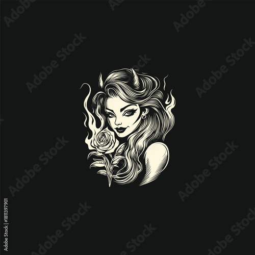 dark illustration of a seductive female demon or succubus with curved horns and vintage wavy hair. The figure smiles menacingly while clutching a bouquet of roses