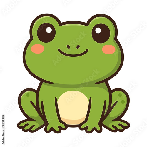 Cute green frog flat vector logo illustration, adorable amphibian character with big eyes and rosy cheeks, perfect for children's designs