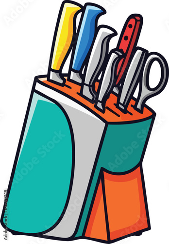 Set of Kitchen Knives and Scissors in a Colorful Holder with Teal and Orange Accents