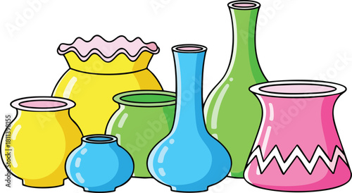 Colorful Ceramic Vases and Pots Arranged Together in Various Shapes and Sizes Displaying a Cheerful and Vibrant Collection