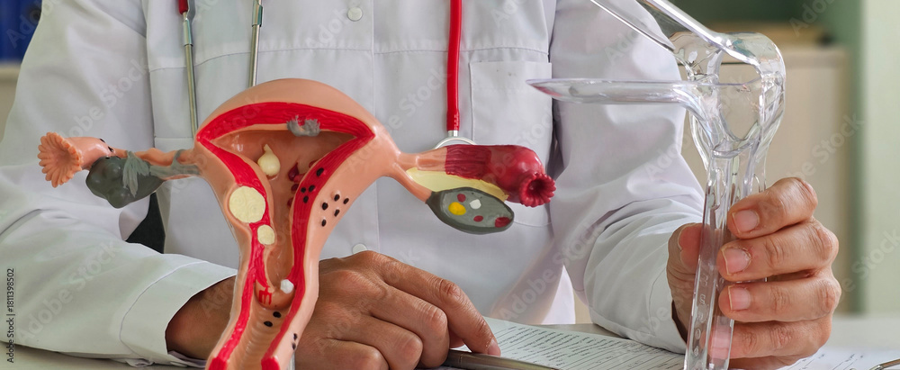 Fototapeta premium Gynecological instrument in the hands of a doctor. Expander mirror for gynecological procedures