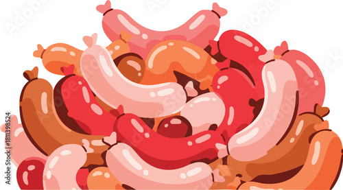 Pixel Art Pile of Assorted Sausages in Shades of Pink Red and Brown Against White Background