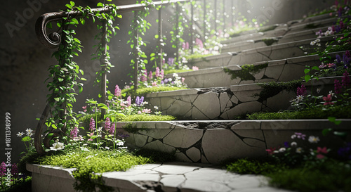 Light Dusting the Surface of a Cracked, Abandoned Staircase with Mossy Steps and Wildflowers