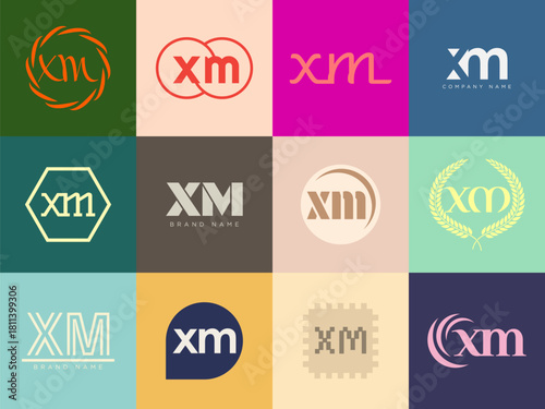 XM logo company template. Letter x and m logotype. Set different classic serif lettering and modern bold text with design elements. Initial font typography.