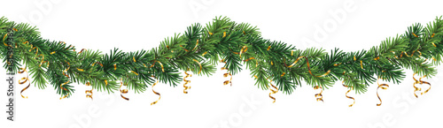 Decorative vector border with green christmas branches and gold streamers and falling confetti - seamless pattern	
