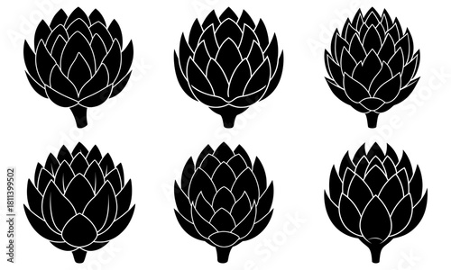 Six stylized artichoke illustrations arranged in a grid pattern with a clean black and white design style