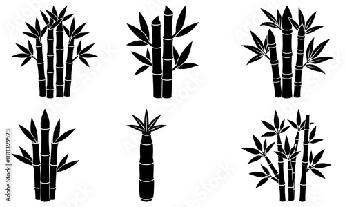 Six black bamboo stalks with leaves arranged in two rows on a white background in vector format